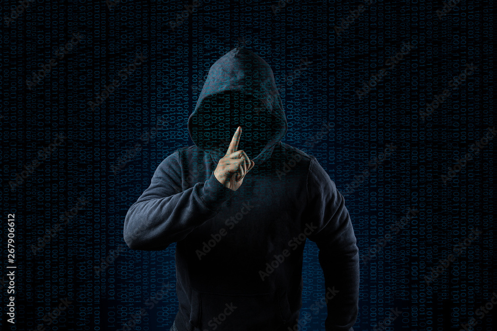 Poster anonymous computer hacker over abstract digital background. obscured dark face in mask and hood. dat