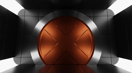 Futuristic metallic door. Sci fi round heavy safe door in futuristic dark room