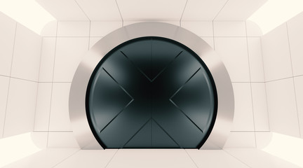 Futuristic metallic door. Sci fi round heavy door in futuristic room