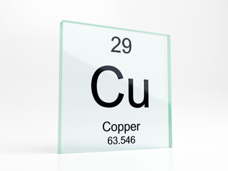 Copper element symbol from periodic table on glass icon - realistic 3D render