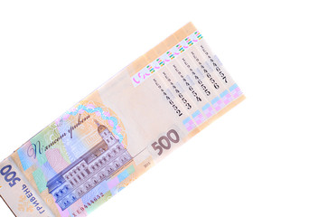 Ukrainian new money hryvnia on white background isolated.  Top view, copy space for text