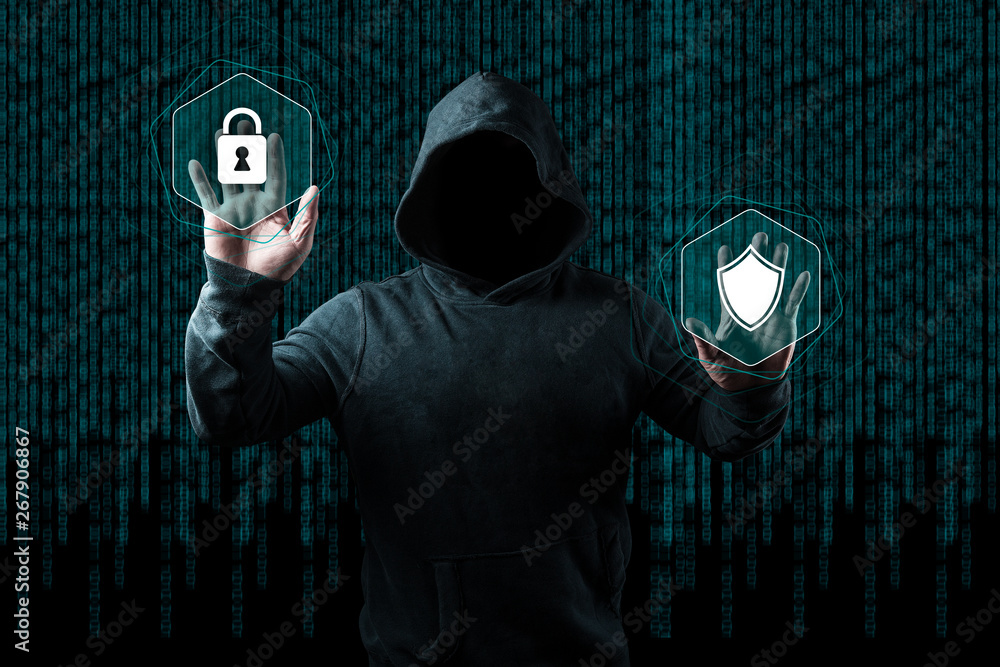 Poster anonymous computer hacker over abstract digital background. obscured dark face in mask and hood. dat