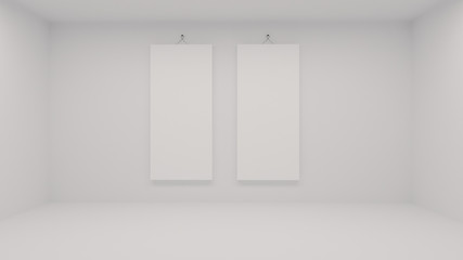 Two white posters in exhibition hung on the wall in white room. 3d rendering mockup. Iustration