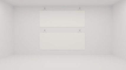 Two white posters in exhibition hung on the wall in white room. 3d rendering mockup. Iustration