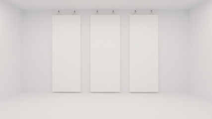 Three white posters in exhibition hung on the wall in white room. 3d rendering mockup. Iustration