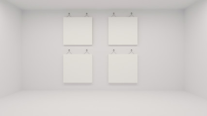 Four square white posters on display hanging from the wall in white room. 3d rendering mockup. Iustration