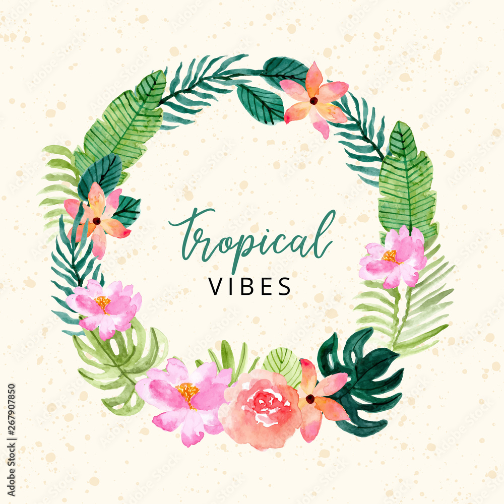 Wall mural tropical summer floral wreath watercolor banner