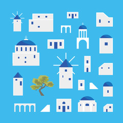 Cartoon Santorini Island Village Icon Set. Vector - obrazy, fototapety, plakaty