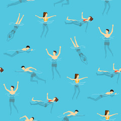 Cartoon Characters Swimming and Diving People Seamless Pattern Background. Vector
