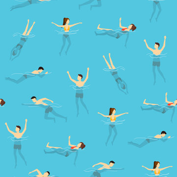 Cartoon Characters Swimming and Diving People Seamless Pattern Background. Vector