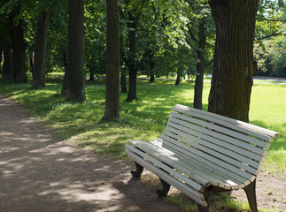 White wooden bench stand near a footpath in a summer park