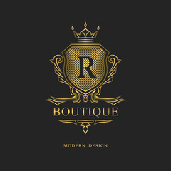 Royal monogram design. Luxury volumetric logo template. 3d line ornament. Emblem with letter R for Business sign, badge, crest, label, Boutique brand, Hotel, Restaurant, Heraldic. Vector illustration