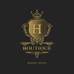 Royal monogram design. Luxury volumetric logo template. 3d line ornament. Emblem with letter H for Business sign, badge, crest, label, Boutique brand, Hotel, Restaurant, Heraldic. Vector illustration
