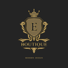 Monogram design elements, graceful template. Calligraphic elegant line art logo design. Letter emblem E sign for Royalty, business card, Boutique, Hotel, Restaurant, wine. Frame. Vector illustration