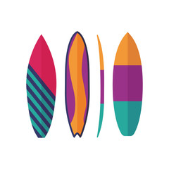Different surfboard icons. Flat design various surf desk types. Surfing desks and boards of various colors and styles.