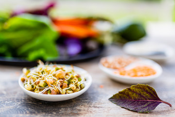 Sprouts and raw vegetables and ingredients for the Buddha bowl.