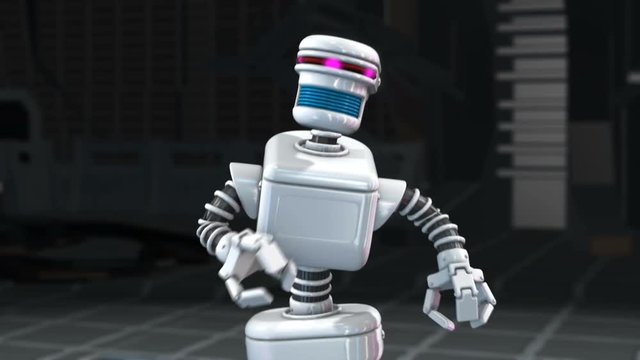 Seamless animation of a retro robot walking with glowing neon lights in a spaceship interior. Funny futuristic sci-fi background.