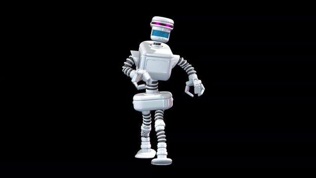 Seamless animation of a retro robot walking isolated with alpha channel. Funny futuristic sci-fi background.