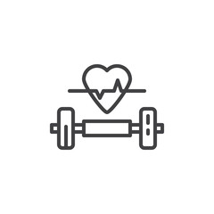 Dumbbell and heart line icon. linear style sign for mobile concept and web design. Heartbeat and barbell outline vector icon. Fitness gym symbol, logo illustration. Pixel perfect vector graphics