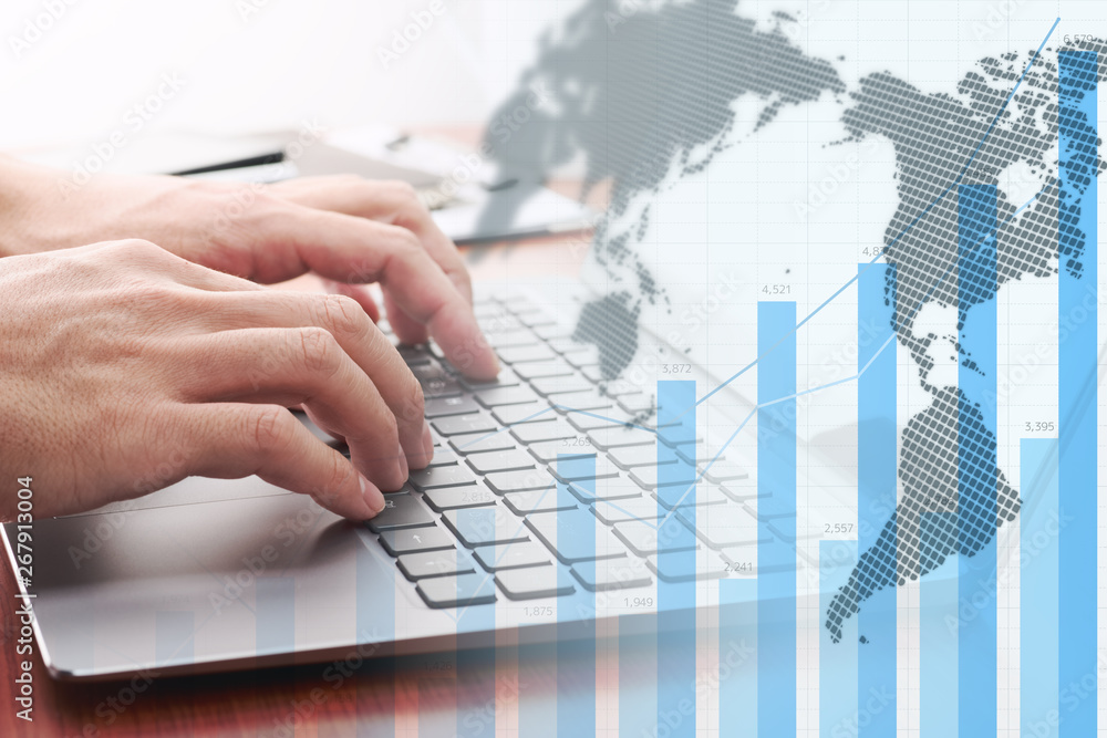 Poster Global business analytics. Businessman analyzing data.Growth graph, world map and laptop.