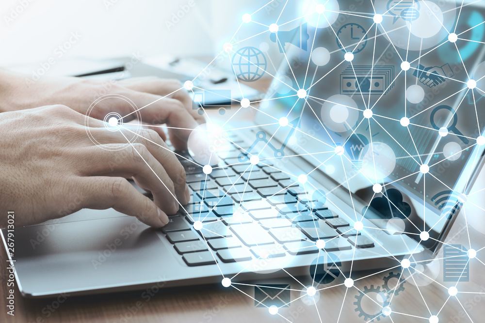 Poster Network technology and business concepts. Using laptop for business data analysis.Network structure and business management icons.