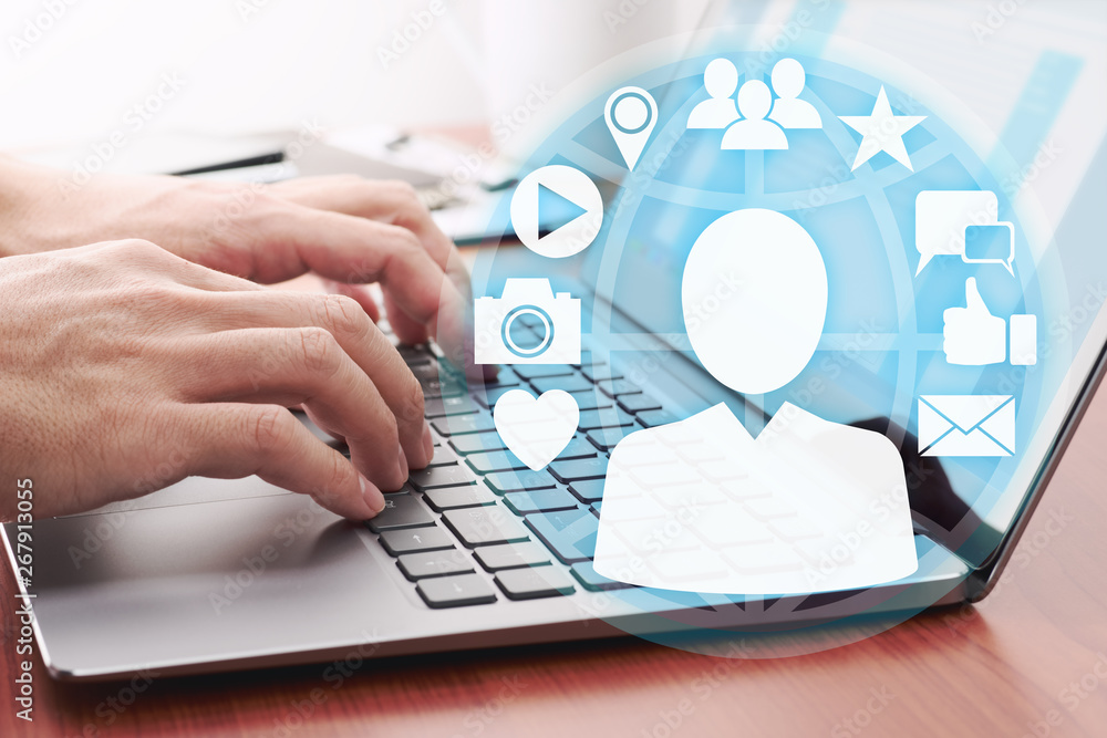 Poster social media account concept. using laptop for internet application. laptop and many application ico