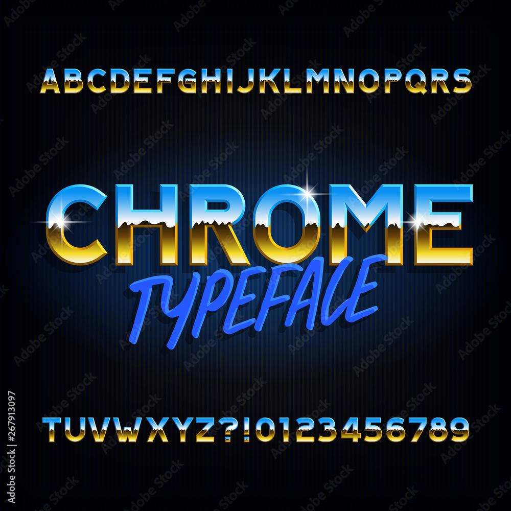 Poster chrome alphabet font. metallic effect letters and numbers on dark background. stock vector typescrip