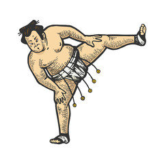 Fototapeta premium Sumo japanese wrestler sportsman color sketch engraving vector illustration. Scratch board style imitation. Black and white hand drawn image.