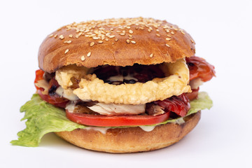 Big tasty burger on background on the wooden table