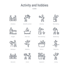 set of 16 activity and hobbies concept vector line icons such as acting, aquarium, arrest, baccarat, balancing, ball pit, ballerina, barbeque. 64x64 thin stroke icons