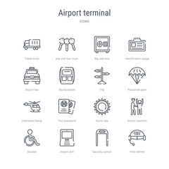 set of 16 airport terminal concept vector line icons such as pilot helmet, security control, airport atm, disable, airport searchor, sunny day, two passports, helicopter flying. 64x64 thin stroke
