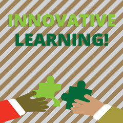 Text sign showing Innovative Learning. Business photo showcasing Interdisciplinary teaching that stirs analytic thinking Two Hands Holding Colorful Jigsaw Puzzle Pieces about to Interlock the Tiles