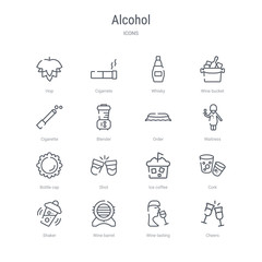 set of 16 alcohol concept vector line icons such as cheers, wine tasting, wine barrel, shaker, cork, ice coffee, shot, bottle cap. 64x64 thin stroke icons