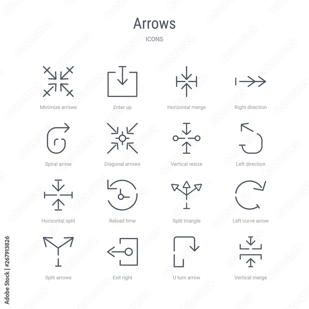 Poster set of 16 arrows concept vector line icons such as vertical merge, u turn arrow, exit right, split a