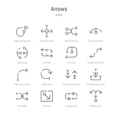 set of 16 arrows concept vector line icons such as splitting arrow, looping arrow, exit down, no shuffle, download arrow with line, up and down arrows, right curve, right curved. 64x64 thin stroke