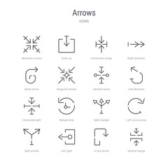 set of 16 arrows concept vector line icons such as vertical merge, u turn arrow, exit right, split arrows, left curve arrow, split triangle, reload time, horizontal split. 64x64 thin stroke icons