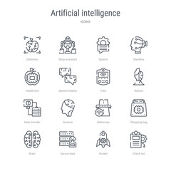 set of 16 artificial intelligence concept vector line icons such as check list, rocket, secure data, brain, shopping bag, motorway, science, data transfer. 64x64 thin stroke icons