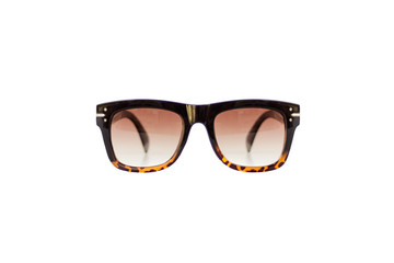 Isolated image of brown gradient sunglasses, front view. Leopard patterned texture at bottom of the frame. Earpiece part is black colored and thick. Retro, flat top and wayfarer style.