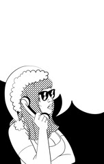 Cartoon girl character with phone, talk cloud and new year hat in vintage style.