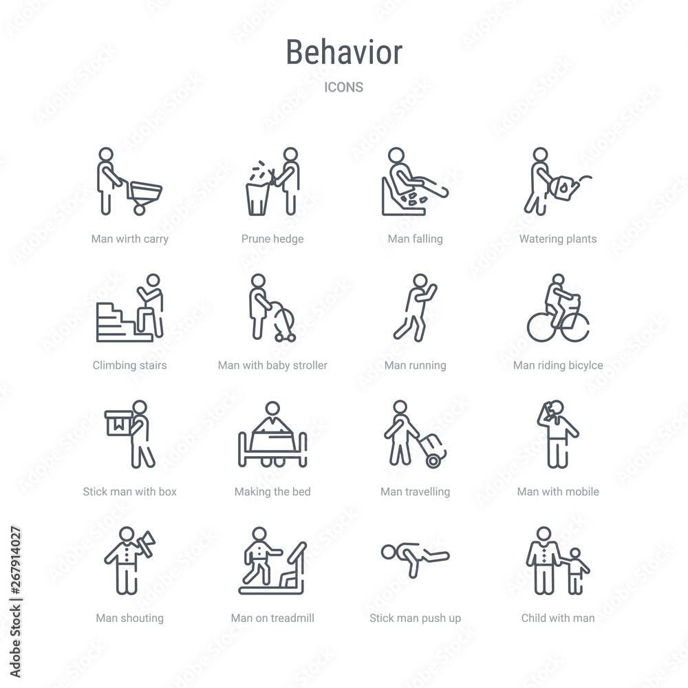 Poster set of 16 behavior concept vector line icons such as child with man, stick man push up, man on tread