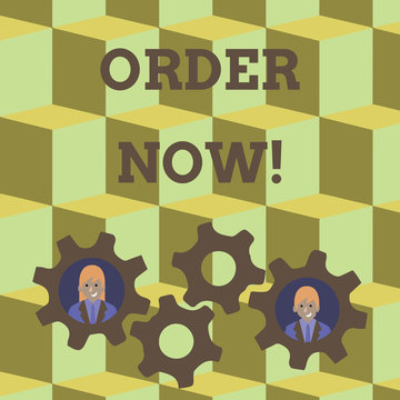 Word writing text Order Now. Business photo showcasing confirmed request by one party to another to buy sell Two Business People Each Inside Colorful Cog Wheel Gears for Teamwork Event