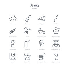 set of 16 beauty concept vector line icons such as liquid makeup, beauty salon chair, barber shop, big scale, little makeup box, hair clipper, hair spray, water spray. 64x64 thin stroke icons