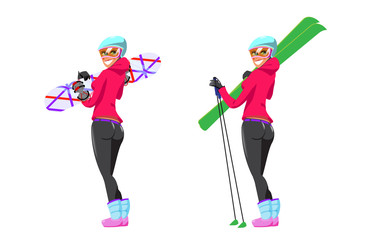 Vector illustration for ski resort poster design with cartoon girl and mountain on background.