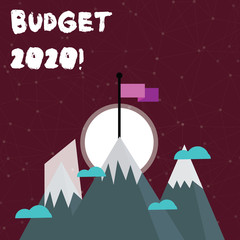 Obraz premium Word writing text Budget 2020. Business photo showcasing estimate of income and expenditure for next or current year Three High Mountains with Snow and One has Blank Colorful Flag at the Peak