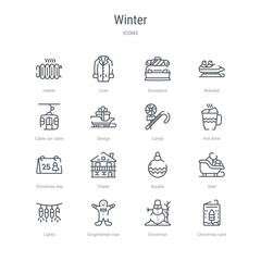set of 16 winter concept vector line icons such as christmas card, snowman, gingerbread man, lights, sled, bauble, chalet, christmas day. 64x64 thin stroke icons