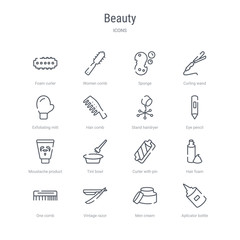 set of 16 beauty concept vector line icons such as aplicator bottle, men cream, vintage razor, one comb, hair foam, curler with pin, tint bowl, moustache product. 64x64 thin stroke icons