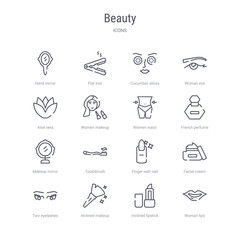 set of 16 beauty concept vector line icons such as woman lips, inclined lipstick, inclined makeup brush, two eyelashes, facial cream, finger with nail, toothbrush, makeup mirror. 64x64 thin stroke