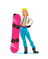 Vector illustration for snowboard resort poster design with cartoon girl on white background.