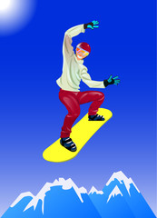 Snowboard man on mountain landscape in cartoon style.