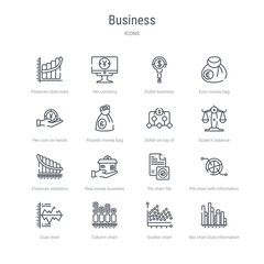 set of 16 business concept vector line icons such as bar chart dual information, scatter chart, column chart, dual pie with information, pie file, real estate business house on a hand, finances